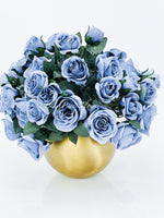 Unique Blue Roses Arrangement | Silk Florals | French Country | Artificial Faux Forever Flowers in Gold Metal Vase Home Decor by Blue Paris