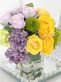 Modern Floral Arrangement | French Country | Table Centerpiece, Yellow, Lavender | Unique Floral Faux Flowers in Glass Vase for Home Decor