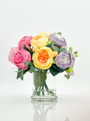 Pink/Purple/Yellow Rose Peony Arrangement, Artificial Faux Centerpiece, Faux Florals, Silk Flowers in Glass Vase, Mother’s Day by Blue Paris