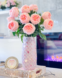 22” Pink Austin Rose Arrangement | Real Touch | French Country | Artificial Faux Forever Flowers in Glass Vase for Home Decor by Blue Paris