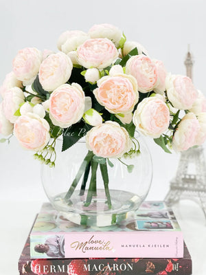 X-Large Light Pink Rose Peony Arrangement, Artificial Faux Centerpiece, Silk Flowers in Glass Vase for Home Decor