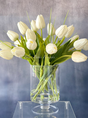 19” White Real Touch Tulips Modern Arrangement Centerpiece | Real Touch Artificial Faux Forever Flowers