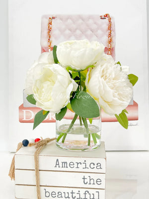 White Peonies Arrangement Artificial Faux Table Centerpiece, Wedding Faux Florals, Rose Silk Flowers Arrangement in Glass Vase by Blue Paris