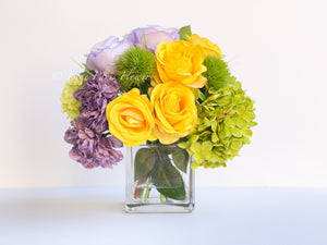 Modern Floral Arrangement | French Country | Table Centerpiece, Yellow, Lavender | Unique Floral Faux Flowers in Glass Vase for Home Decor