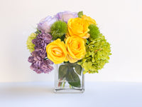 Modern Floral Arrangement | French Country | Table Centerpiece, Yellow, Lavender | Unique Floral Faux Flowers in Glass Vase for Home Decor