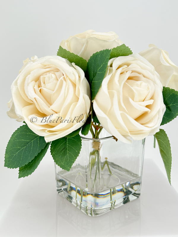 Ivory/White Rose Arrangement Silk Floral | French Country Floral Centerpiece, Artificial Faux Forever Flowers in Vase for Home Wedding Decor