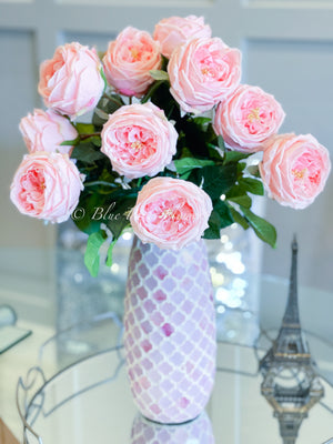 22” Pink Austin Rose Arrangement | Real Touch | French Country | Artificial Faux Forever Flowers in Glass Vase for Home Decor by Blue Paris