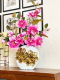 Magenta Magnolias Arrangement in White and Gold Vase, French Country Artificial Flowers, Faux Floral Home Decor, Realistic Floral Arrangement