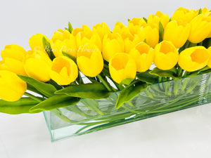 Modern Long Yellow REAL TOUCH Tulip Arrangement Artificial Faux Centerpiece Floral Flower Arrangement Silk Flowers Glass Vase French Decor