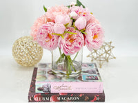 French Pink Peonies Arrangement, Artificial Faux Floral Centerpiece, High-quality Silk Flowers in Glass Vase for Home Decor Blue Paris