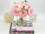 French Pink Peonies Arrangement, Artificial Faux Floral Centerpiece, High-quality Silk Flowers in Glass Vase for Home Decor Blue Paris