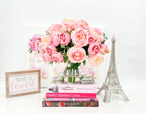 X-Large French Style Pink Peony Arrangement, Artificial Faux Floral Centerpiece, Silk, Real Touch Flowers in Vase for Home Decor Blue Paris