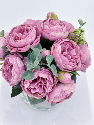 Purple/Pink or Magenta Pink Rose Peony Arrangement, Artificial Faux Centerpiece, Faux Florals, Silk Flowers in Glass Vase by Blue Paris