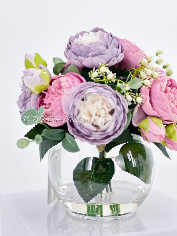 Purple/Pink or Magenta Pink Rose Peony Arrangement, Artificial Faux Centerpiece, Faux Florals, Silk Flowers in Glass Vase by Blue Paris