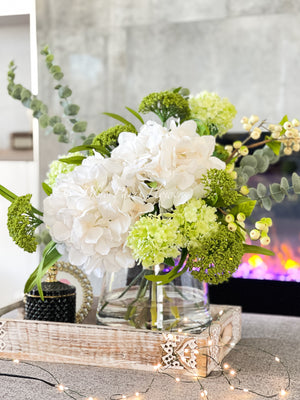 Floral Arrangement, Green White Hydrangeas Silk Artificial Flower Centerpiece, Faux Silk Arrangement Glass Vase, Flower Decor Blue Paris
