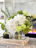 Floral Arrangement, Green White Hydrangeas Silk Artificial Flower Centerpiece, Faux Silk Arrangement Glass Vase, Flower Decor Blue Paris