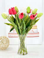 Red White Green 22” Real Touch Tulips Modern Arrangement Centerpiece | Real Touch Artificial Faux Forever Flowers