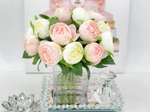Modern Pink/White Peony Arrangement Artificial Faux Flower Centerpiece, French Country Floral Decor, Silk Flowers in Vase Home Decor by Blue