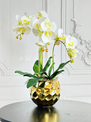 Ivory White 3 Stems Phalaenopsis Orchid Arrangement, Real Touch Flower in Gold Vase | Table Centerpiece | Floral Decor | Flower Arrangement