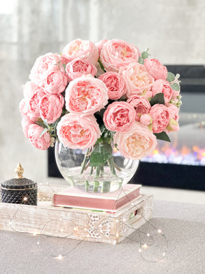 X-Large French Style Pink Peony Arrangement, Artificial Faux Floral Centerpiece, Silk, Real Touch Flowers in Vase for Home Decor Blue Paris