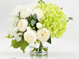 White Green Hydrangeas Peony | French Country |Arrangement in Clear Glass Vase with clear acrylic water for Home Decor by Blue Paris Flowers