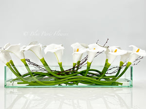 Modern Long White REAL TOUCH Calla Lily Arrangement Artificial Faux Centerpiece Floral Flower Table Decor Silk Flowers Glass Vase French