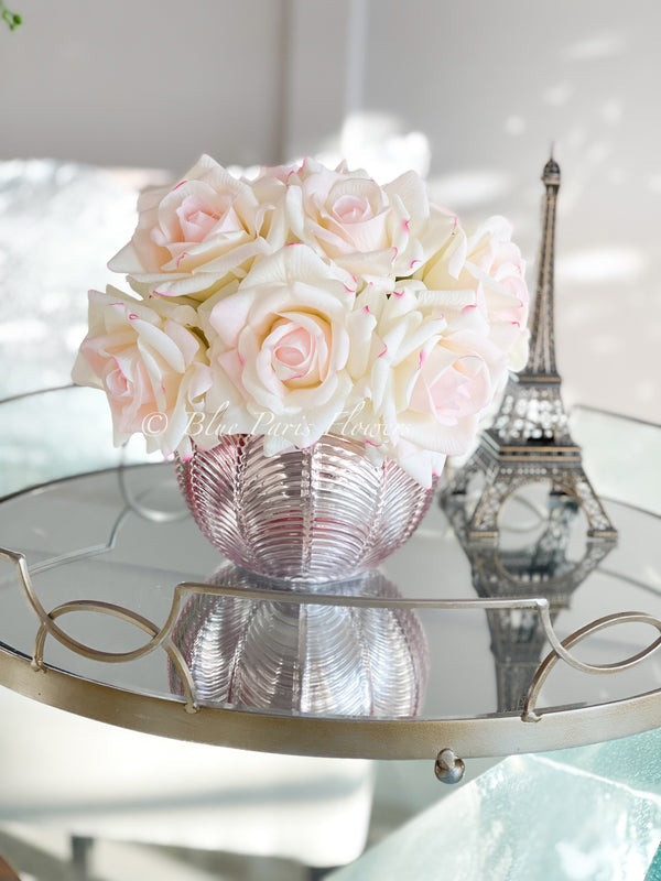 Real Touch Blush Rose Arrangement | French Floral Centerpiece Artificial Faux Forever Flowers in Rose-gold Vase for Home Decor by Blue Paris decor