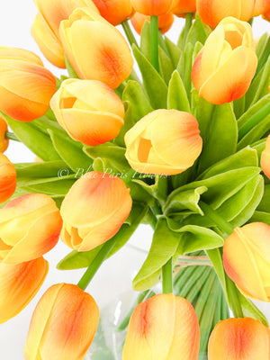 Large 50 Orange Tulips | Modern Faux Floral Arrangement Real Touch Artificial Centerpiece Faux Flowers in Glass Vase Faux Flowers in Vase