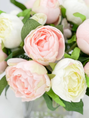 Modern Pink/White Peony Arrangement Artificial Faux Flower Centerpiece, French Country Floral Decor, Silk Flowers in Vase Home Decor by Blue
