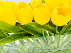 Modern Long Yellow REAL TOUCH Tulip Arrangement Artificial Faux Centerpiece Floral Flower Arrangement Silk Flowers Glass Vase French Decor