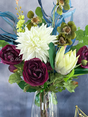 29” Mix Faux Flower Arrangement, Dahlia, Ranunculus, Protea, Green Floral Decor Silk/Real Touch Centerpiece Artificial Flowers, Gift Decor