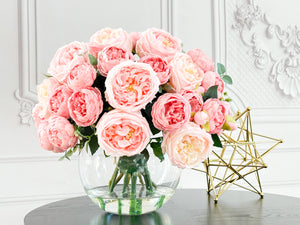 X-Large French Style Pink Peony Arrangement, Artificial Faux Floral Centerpiece, Silk, Real Touch Flowers in Vase for Home Decor Blue Paris