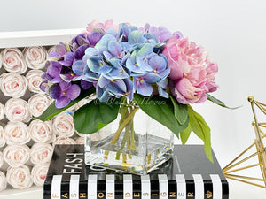 Lavender Purple Blue Peonies and Real Touch Hydrangeas Arrangement Artificial Faux Centerpiece, Soft Touch Floral Flowers in Vase Home Decor