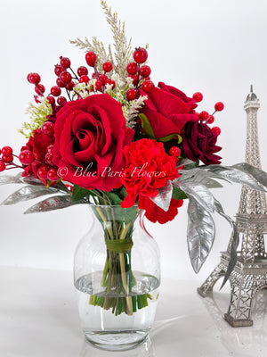 Faux Flower Arrangement, Peonies, Roses, Greens in Vase, Floral Decor Real Touch Centerpiece, Faux Artificial Flowers Silk Arrangement Red