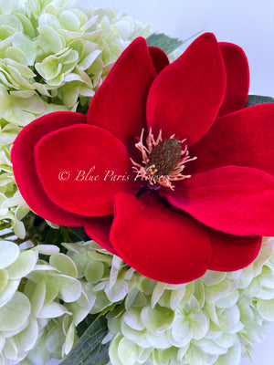REAL TOUCH Green Hydrangeas, Red Magnolia Arrangement, Artificial Faux Centerpiece, Floral Flowers in Rose Gold Vase Home Decor Blue Paris