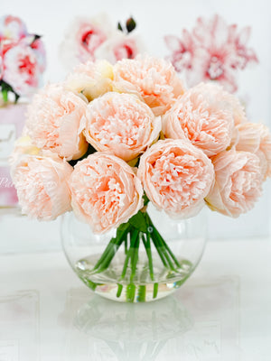 Pink Large Head Peony Arrangement, Artificial Faux Centerpiece, Decor Wedding Faux Florals, Silk Flowers in Glass Vase by Blue Paris