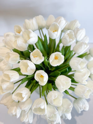 Large 40 White Tulips Modern Faux French Floral Arrangement | Real Touch Artificial Faux Forever Flowers in Glass Vase, Faux Flowers, Vase
