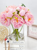 French Pink Peonies Arrangement, Artificial Faux Floral Centerpiece, High-quality Silk Flowers in Glass Vase for Home Decor Blue Paris