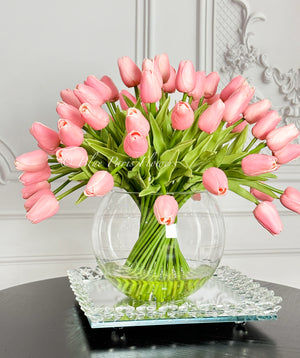X-Large 60 Pink Tulips, French Modern Faux Floral Arrangement, Real Touch Artificial Faux Forever Flowers in Glass Vase, Fake, Wedding Decor