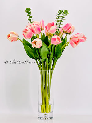 28” Tall Pink Real Touch Tulips in Glass Vase, Home Decor Faux Flower Arrangement, French Country Style, Floral Decor Arrangement