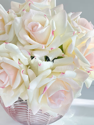 Real Touch Blush Rose Arrangement | French Floral Centerpiece Artificial Faux Forever Flowers in Rose-gold Vase for Home Decor by Blue Paris decor