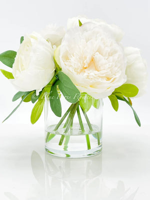 White Peonies Arrangement Artificial Faux Table Centerpiece, Wedding Faux Florals, Rose Silk Flowers Arrangement in Glass Vase by Blue Paris