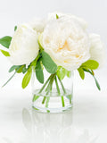 White Peonies Arrangement Artificial Faux Table Centerpiece, Wedding Faux Florals, Rose Silk Flowers Arrangement in Glass Vase by Blue Paris