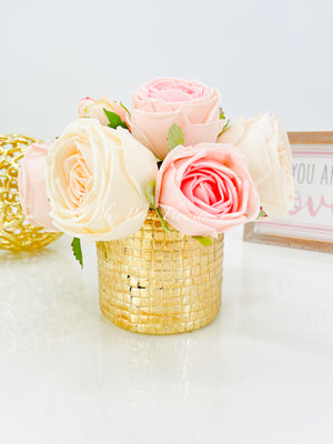 Pink Rose Arrangement | Real Touch | French Country | Floral Centerpiece, Artificial Faux Forever Flowers Gift for Home Decor in Gold Vase