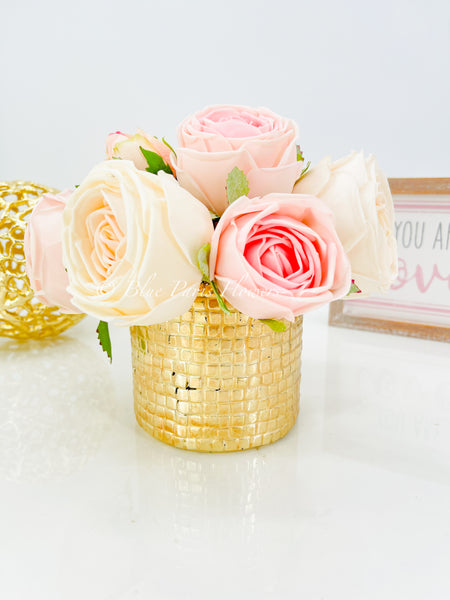 Pink Rose Arrangement | Real Touch | French Country | Floral Centerpiece, Artificial Faux Forever Flowers Gift for Home Decor in Gold Vase