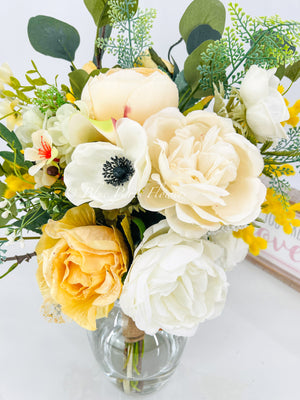 Faux Flower Arrangement, Peonies, Roses, Poppies in Vase, Floral Decor Silk Centerpiece, Faux Artificial Flowers Silk Arrangement Gold