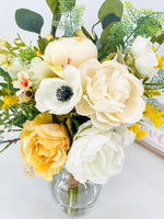 Faux Flower Arrangement, Peonies, Roses, Poppies in Vase, Floral Decor Silk Centerpiece, Faux Artificial Flowers Silk Arrangement Gold