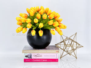 Large 50 Orange Tulips | Modern Faux Floral Arrangement Real Touch Artificial Centerpiece Faux Flowers in Glass Vase Faux Flowers in Vase