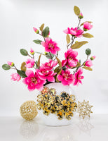 Magenta Magnolias Arrangement in White and Gold Vase, French Country Artificial Flowers, Faux Floral Home Decor, Realistic Floral Arrangement