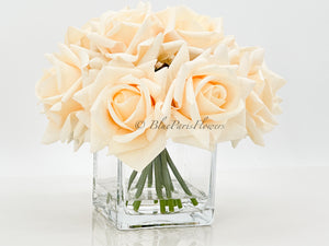 Real Touch Cream Roses Arrangement in Vase, French Country Artificial Flowers Faux Floral Home Decor Realistic Arrangement Blue Paris